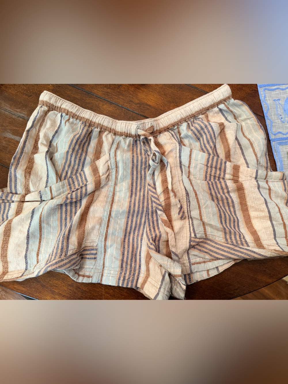 Free People Striped Drawstring Shorts in Cream, Tan & Blue